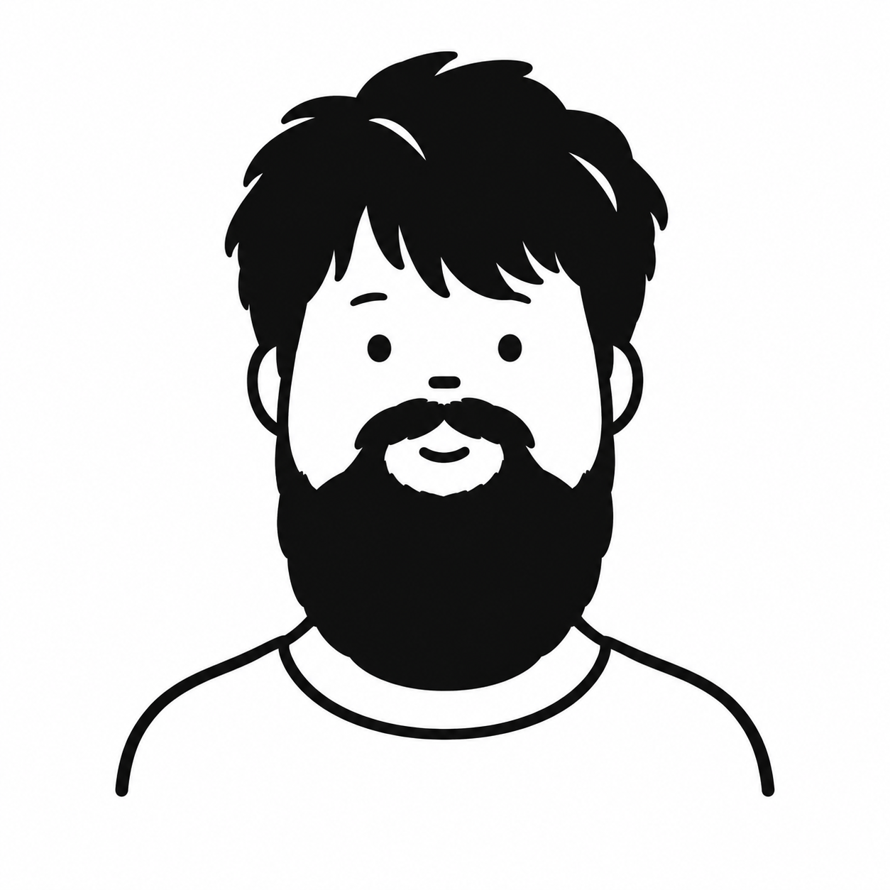 Friendly black-and-white cartoon portrait with tousled hair and a beard