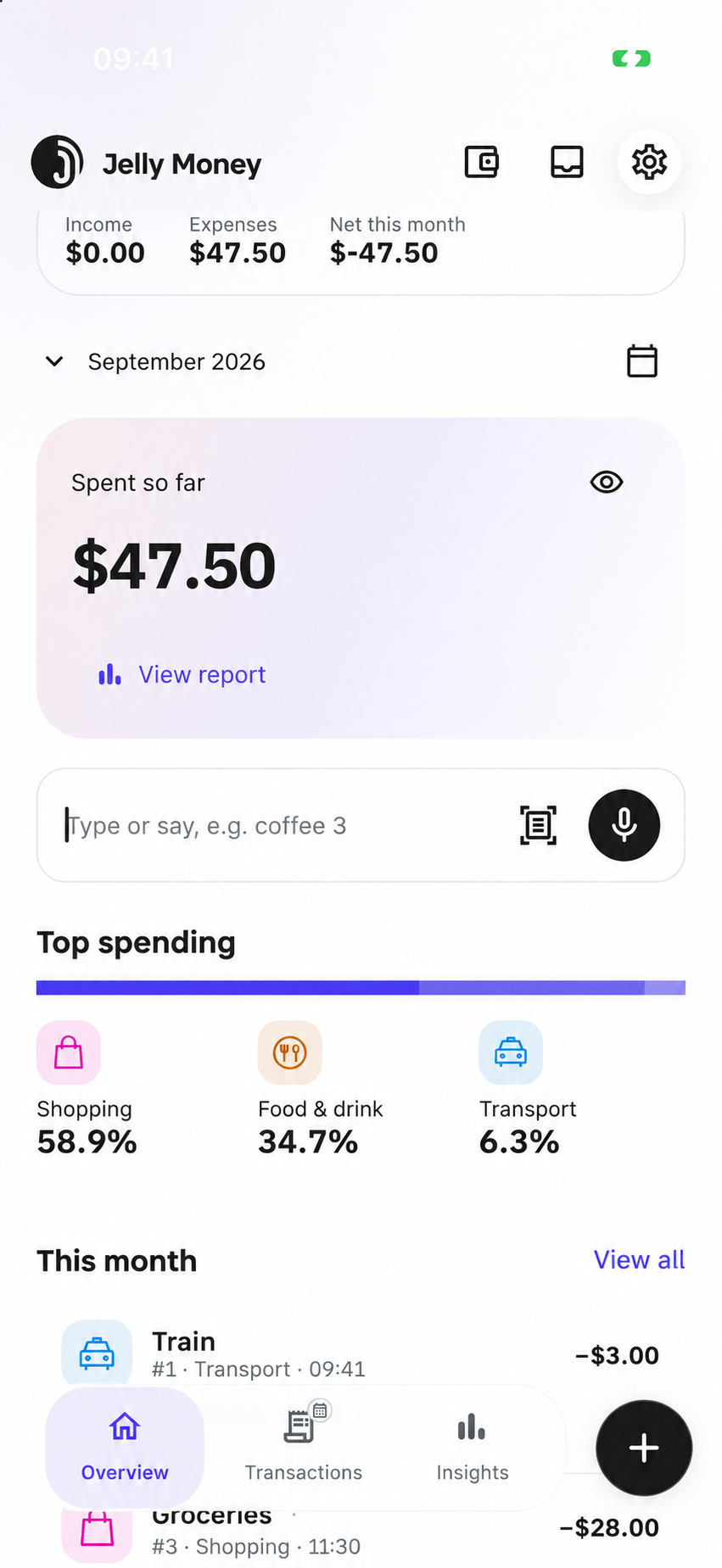 English Jelly Money app preview showing spending totals, expense categories, and quick transaction capture